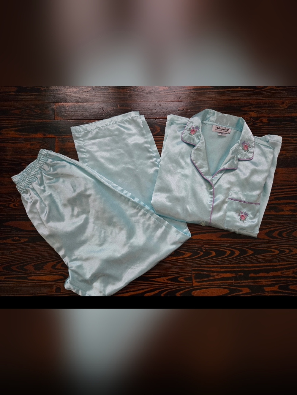 Anthony Richards Vintage Satin Pajama Set Medium Petite Blue Floral Embroidery
